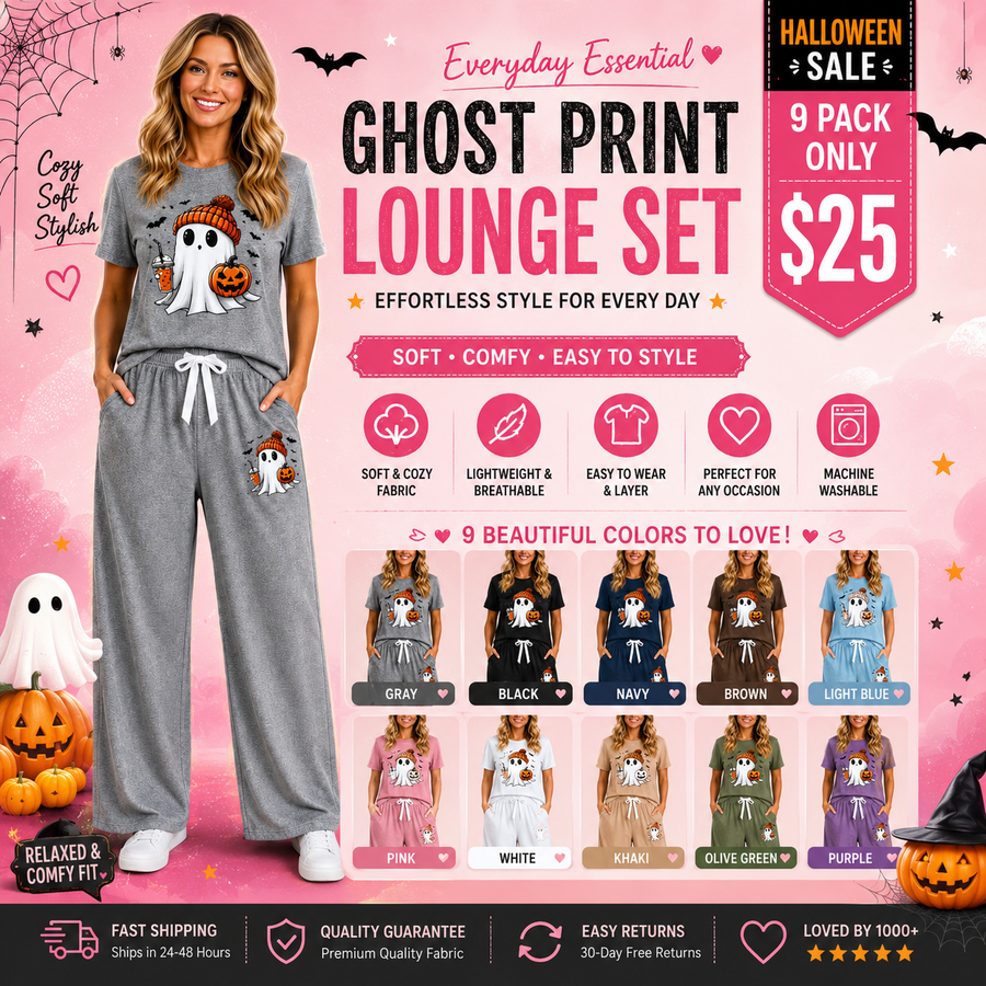 Women's Halloween Ghost Print 2 Piece Pajama Set