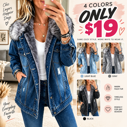 Women's Faux Fur Collar Fleece-Lined Denim Jacket
