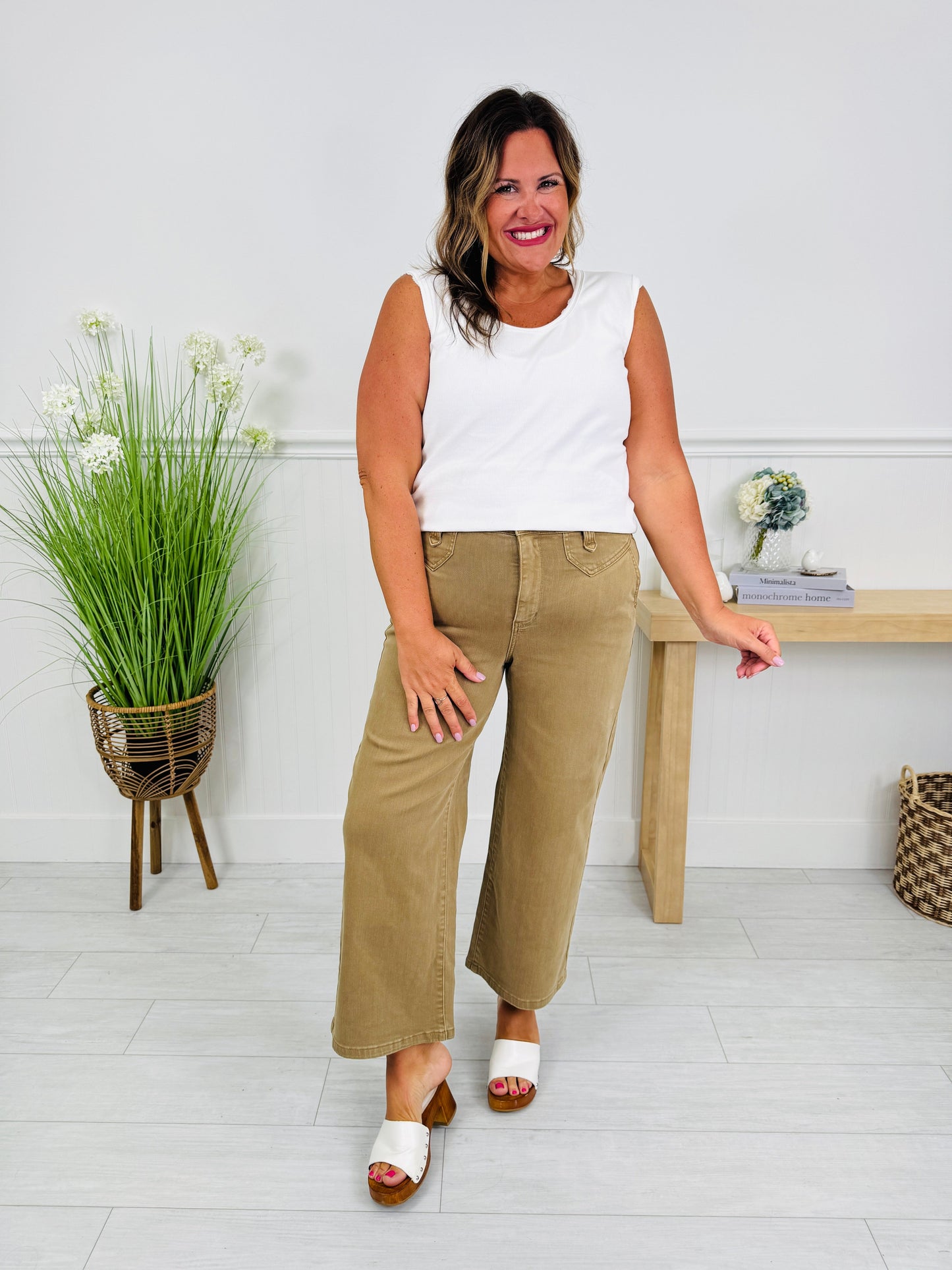 Khaki Crush Ankle Wide Jeans