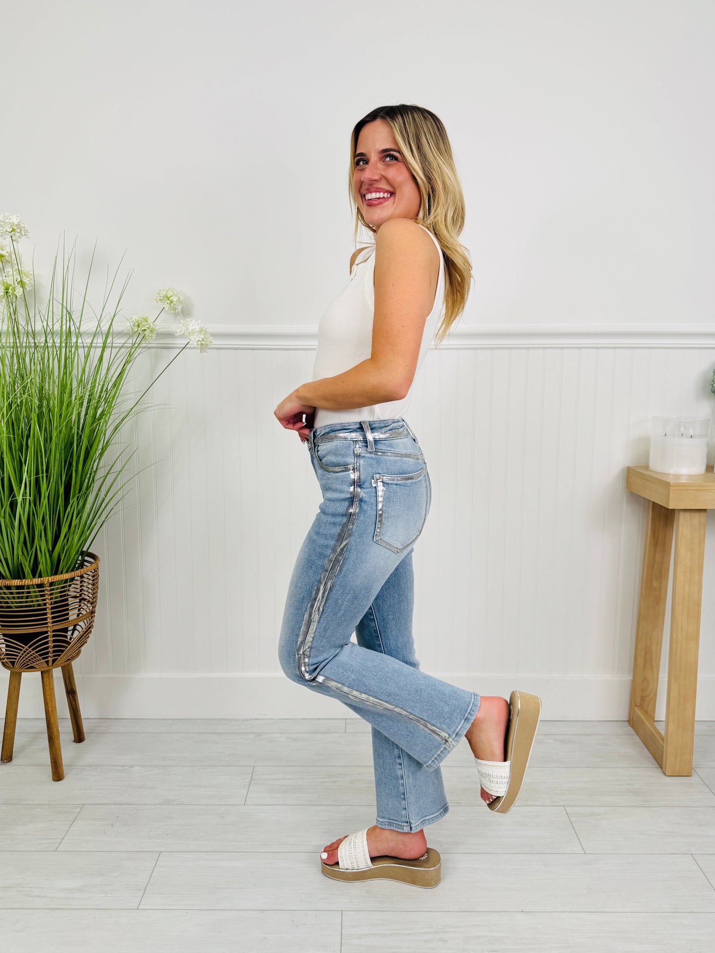 Metallic Moment Kick Flare Jeans