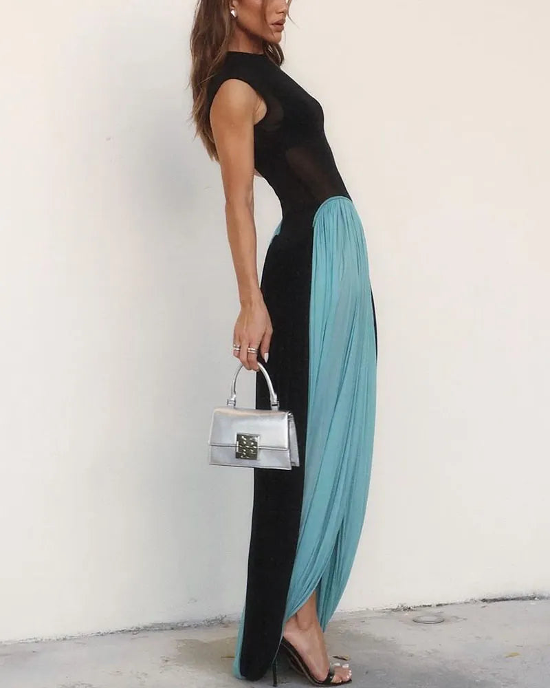Contrast color sleeveless slim sexy dress