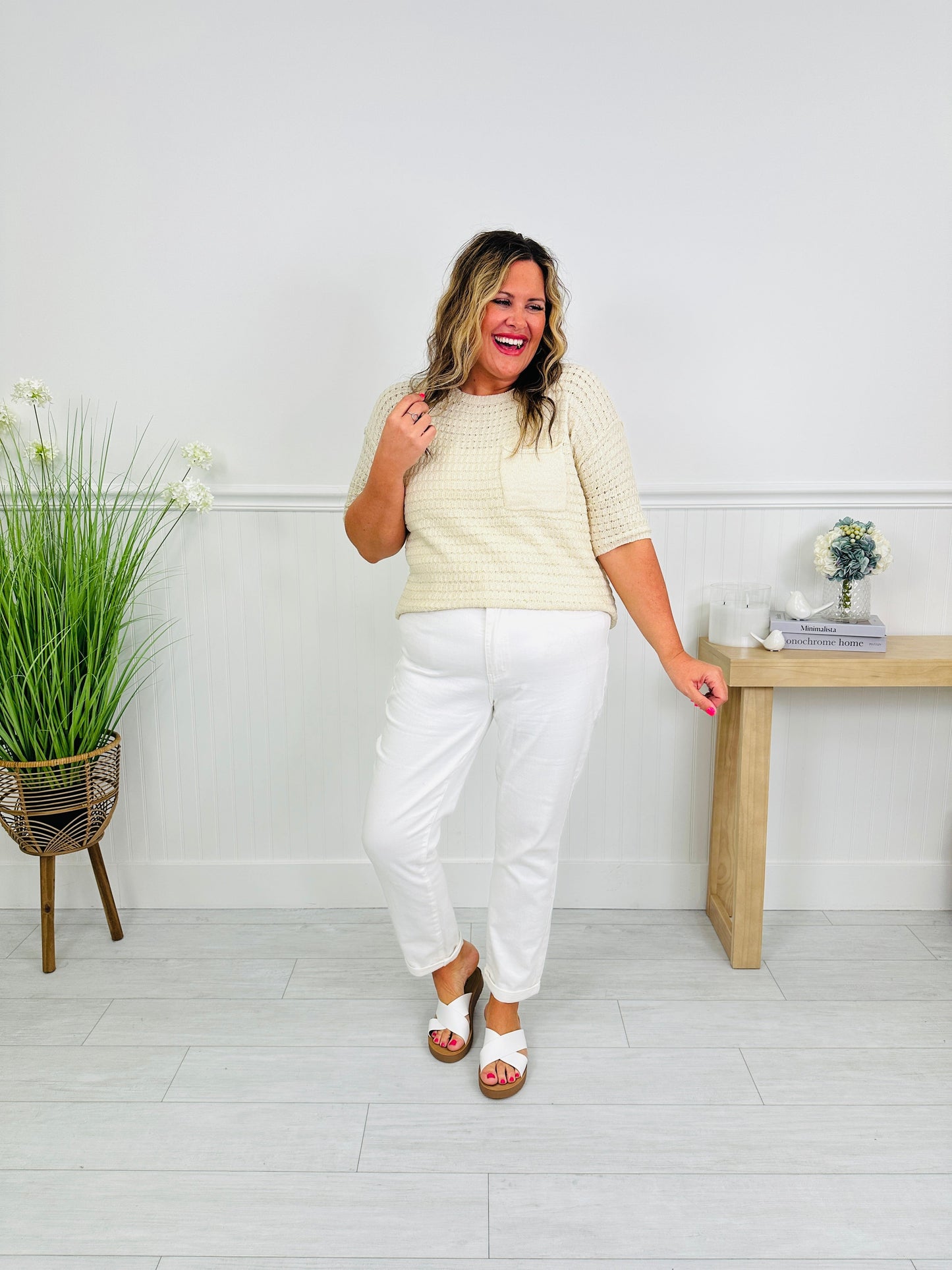 Perfect Match White Double Cuff Boyfriend Jeans in Reg/Curvy