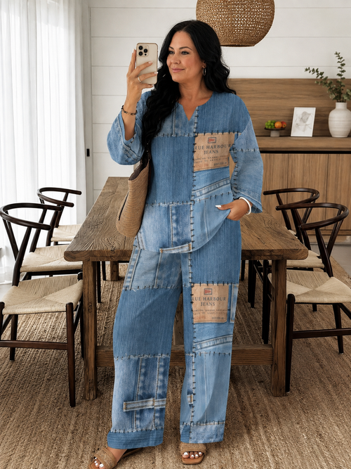 Women's Plus Size Faux Denim Patchwork Print 2-Piece