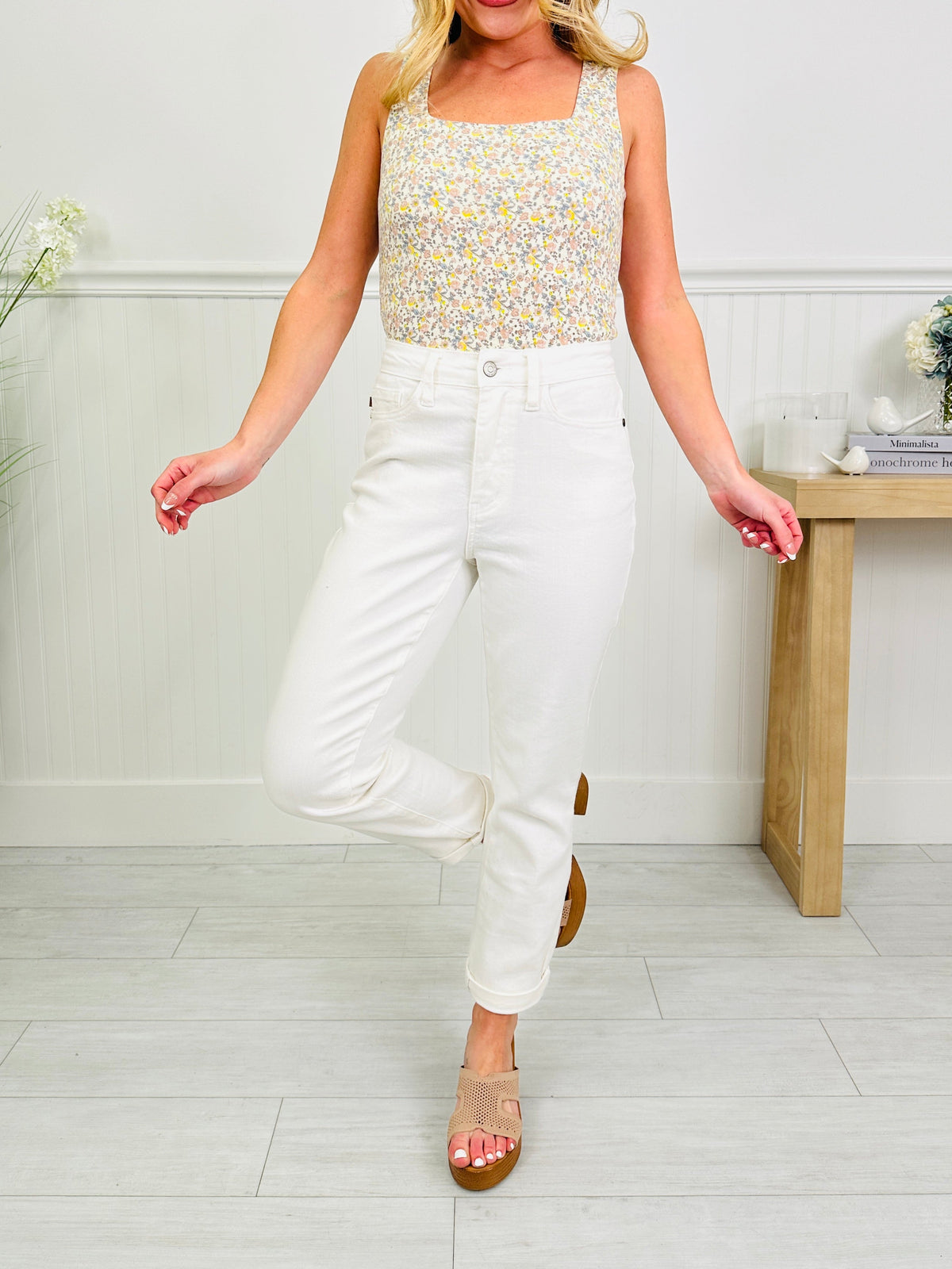 Perfect Match White Double Cuff Boyfriend Jeans in Reg/Curvy