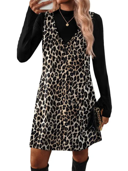 Women 2‑Piece Set Long‑Sleeve Top & Pinafore Dress With Pockets