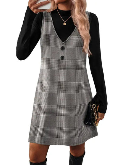 Women 2‑Piece Set Long‑Sleeve Top & Pinafore Dress With Pockets