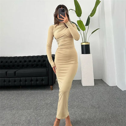 Sexy Pleated Long -sleeved Dress