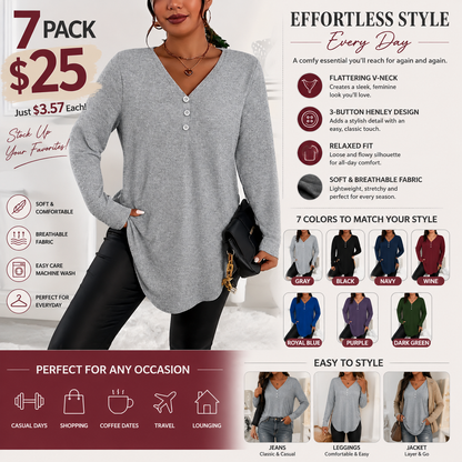 Plus Size V-Neck Henley Long Sleeve Tunic Top