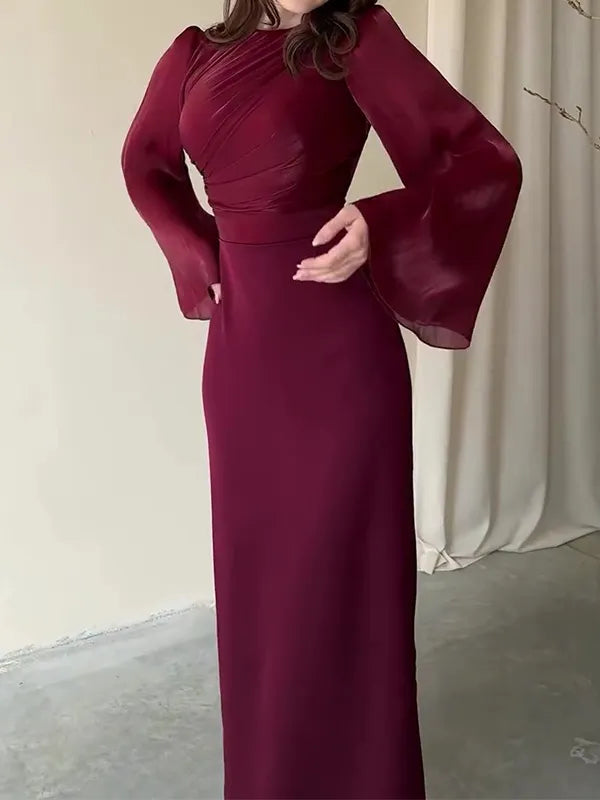 Fashion Solid Color Waistline Sexy Long-Sleeved Dress