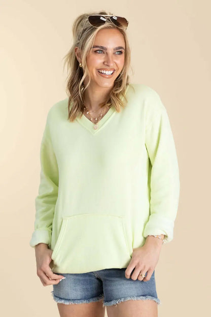 Your Favorite Is Back! Pigment Dyed Cozy Campfire V-Neck Sweatshirt