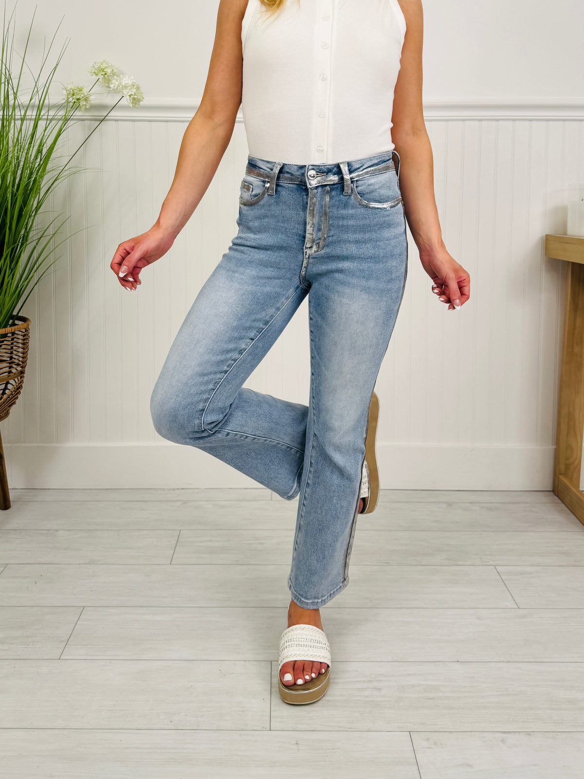 Metallic Moment Kick Flare Jeans