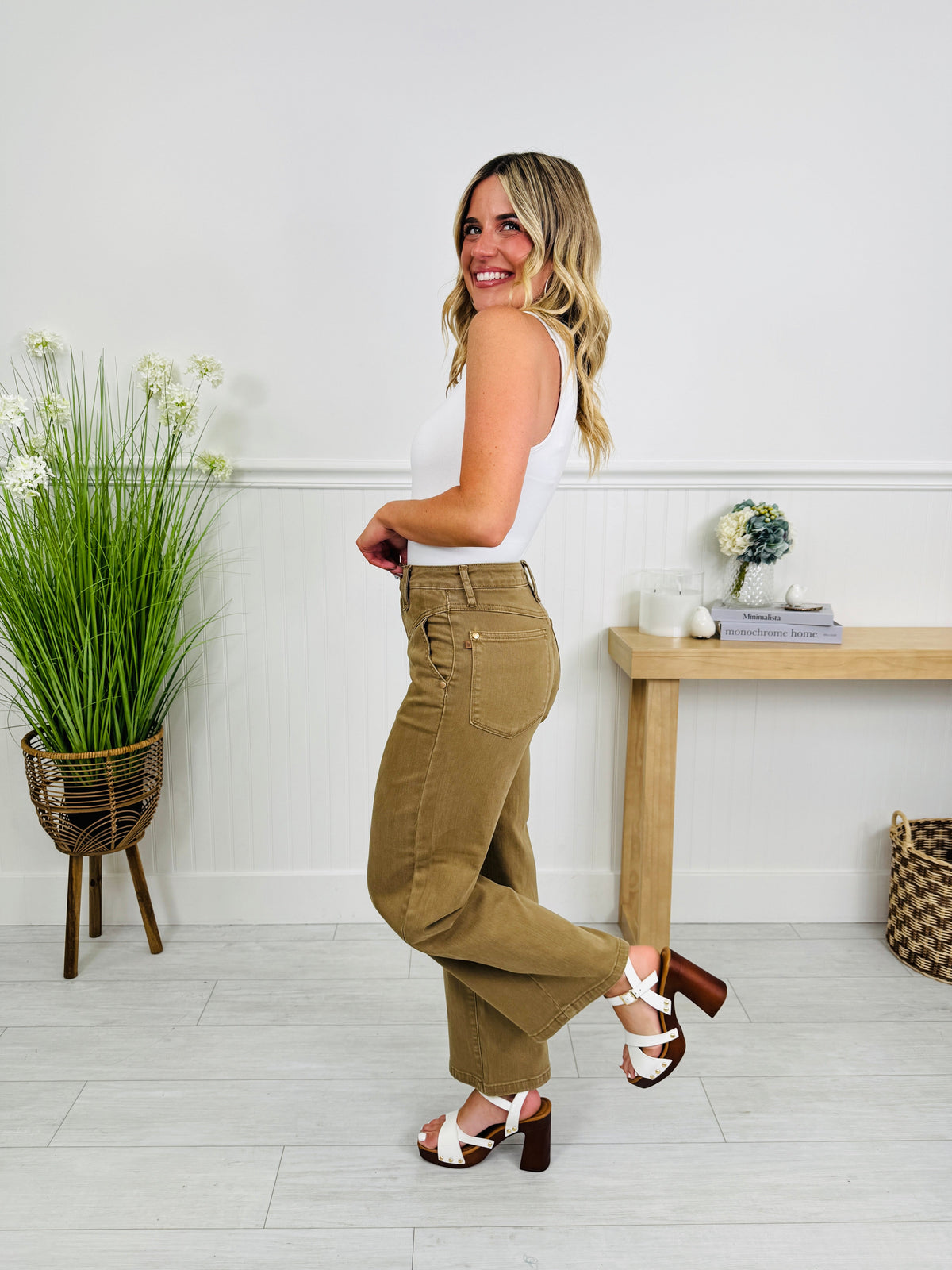 Khaki Crush Ankle Wide Jeans