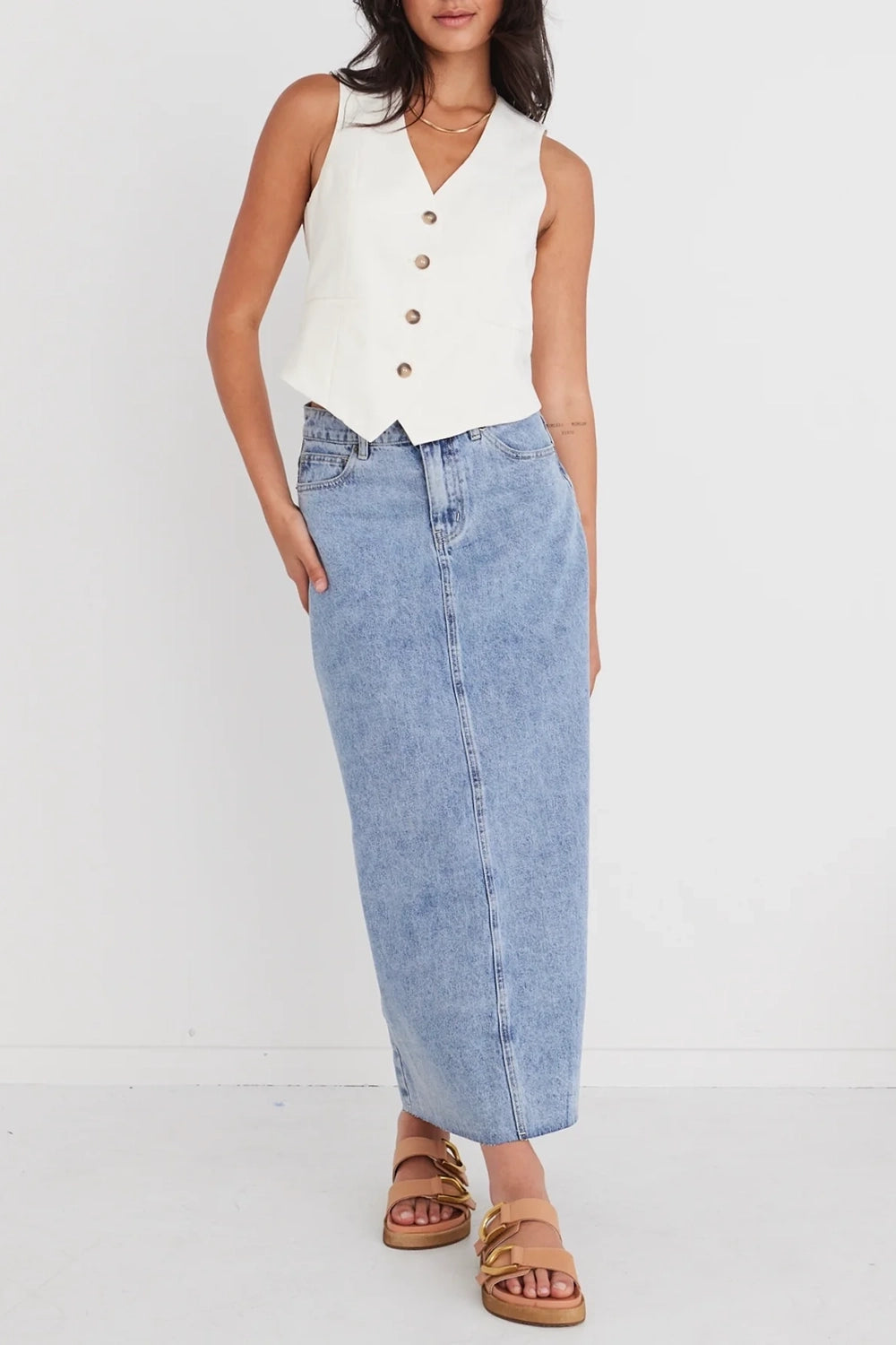 Vintage Blue Denim Midi Skirt