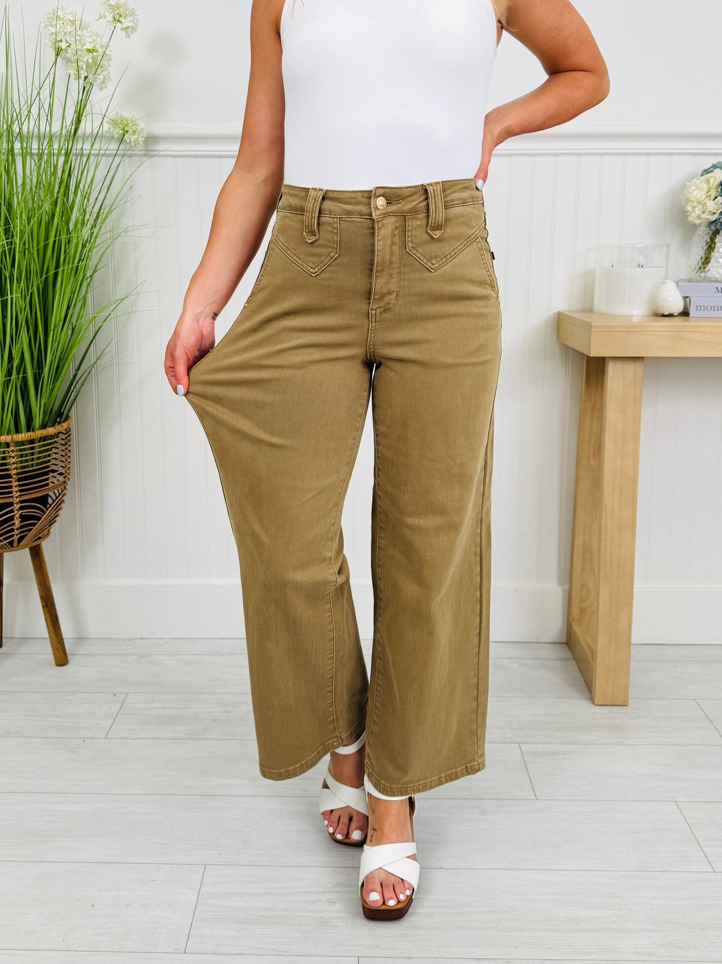 Khaki Crush Ankle Wide Jeans