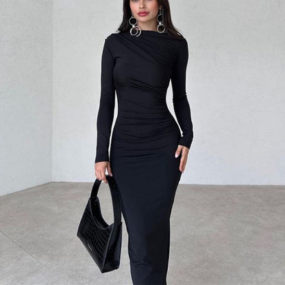 Sexy Pleated Long -sleeved Dress