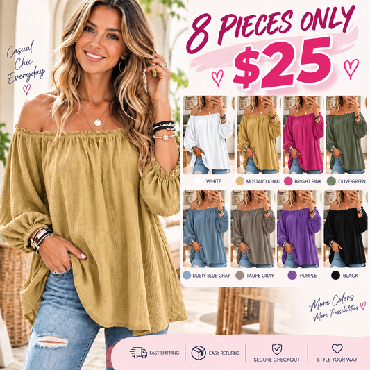 Vintage Elegant Off-the-shoulder Elasticated Pleated Cotton And Linen Solid Color Shirt