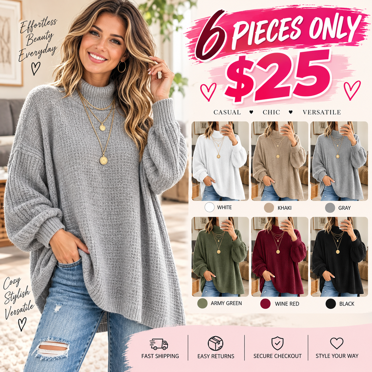 Women Oversized Turtleneck Asymmetric Hem Loose Knit Sweater