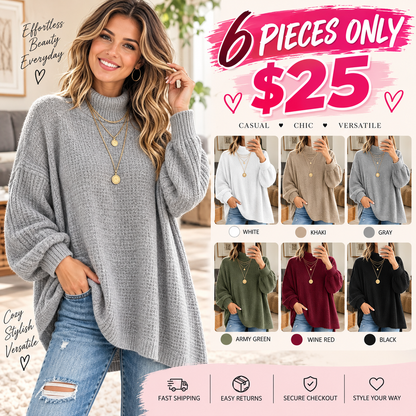Women Oversized Turtleneck Asymmetric Hem Loose Knit Sweater