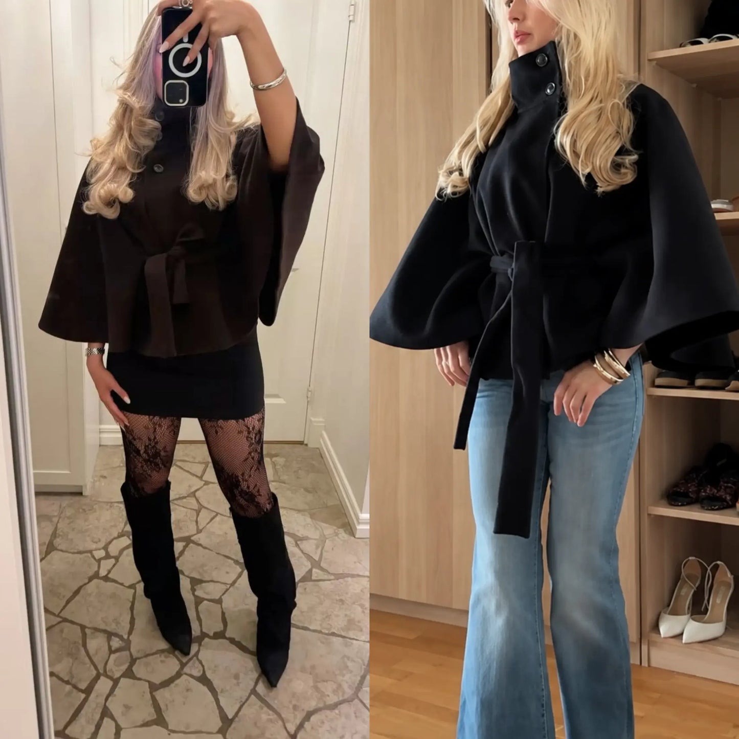 Womens Wool Blend Poncho Pea Coat