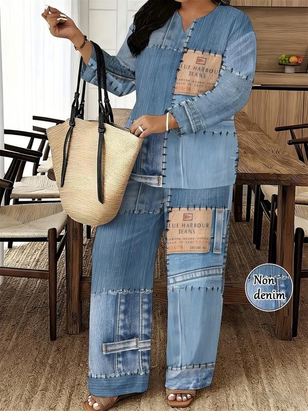 Women's Plus Size Faux Denim Patchwork Print 2-Piece