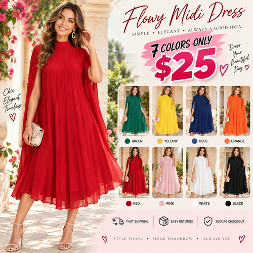 Women Mock Neck Cape Sleeve Pleated Chiffon Midi Party Dress
