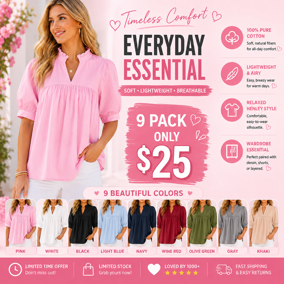 🌸 Women’s Ruffle Neck Puff Sleeve Blouse – Casual V-Neck Babydoll Top ✨