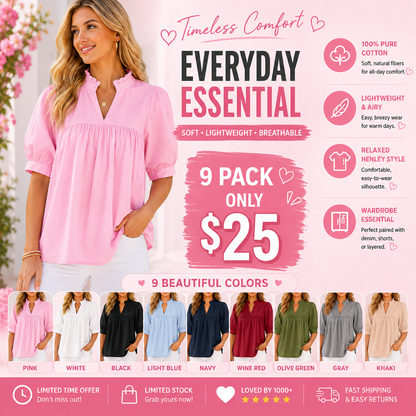 🌸 Women’s Ruffle Neck Puff Sleeve Blouse – Casual V-Neck Babydoll Top ✨