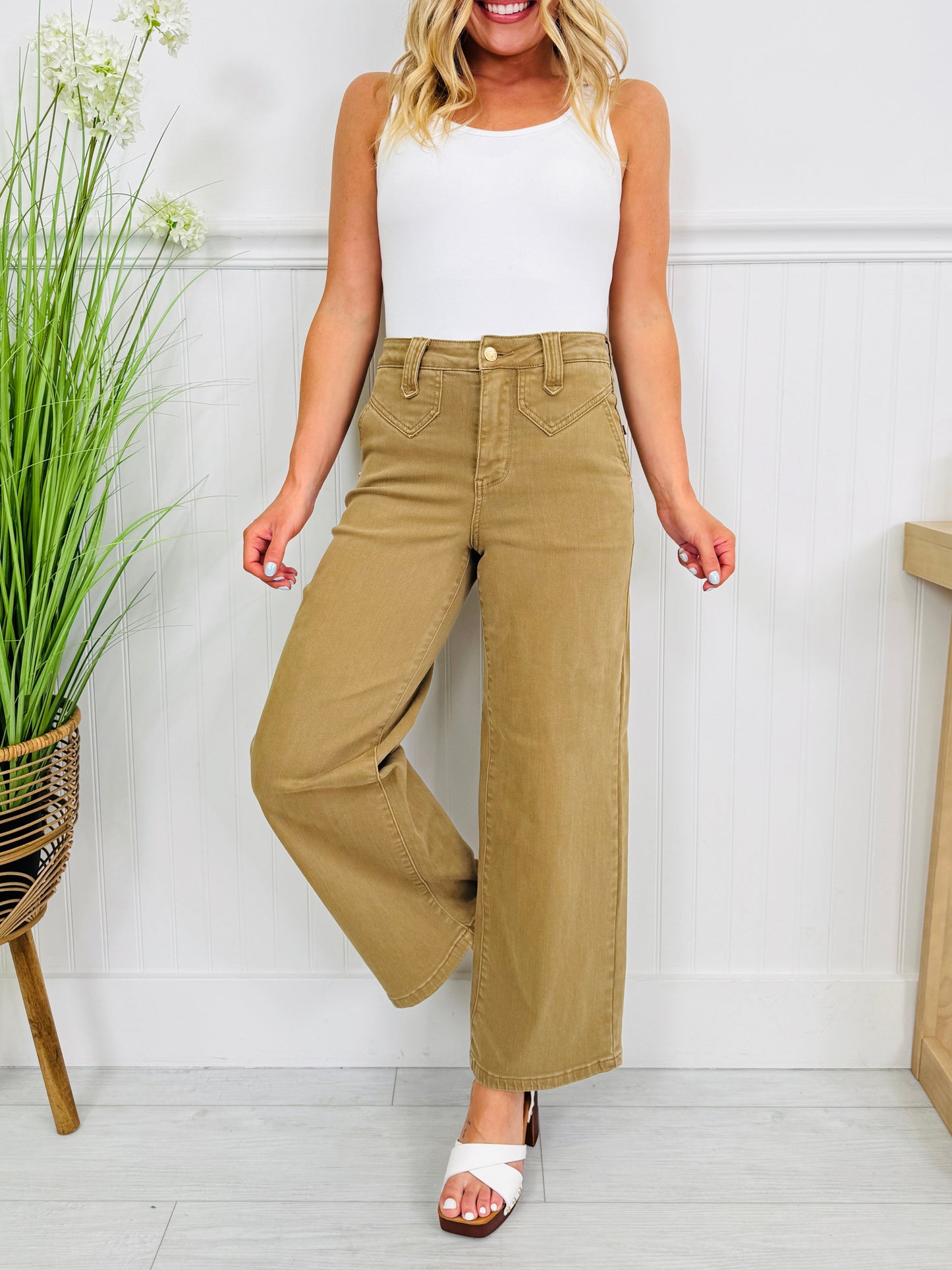 Khaki Crush Ankle Wide Jeans