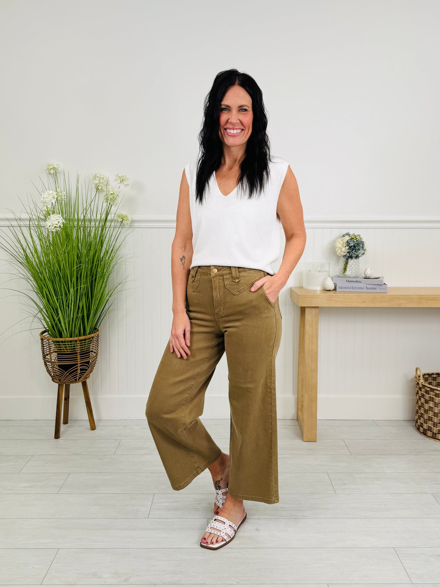 Khaki Crush Ankle Wide Jeans