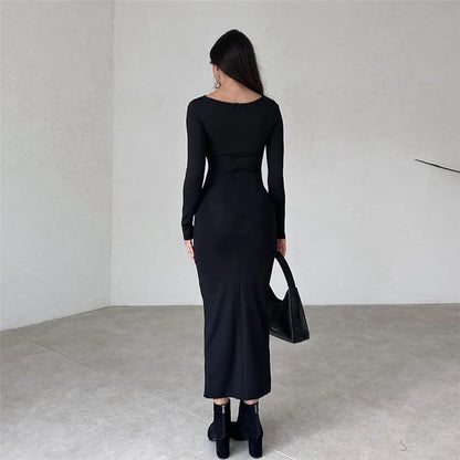 Sexy Pleated Long -sleeved Dress