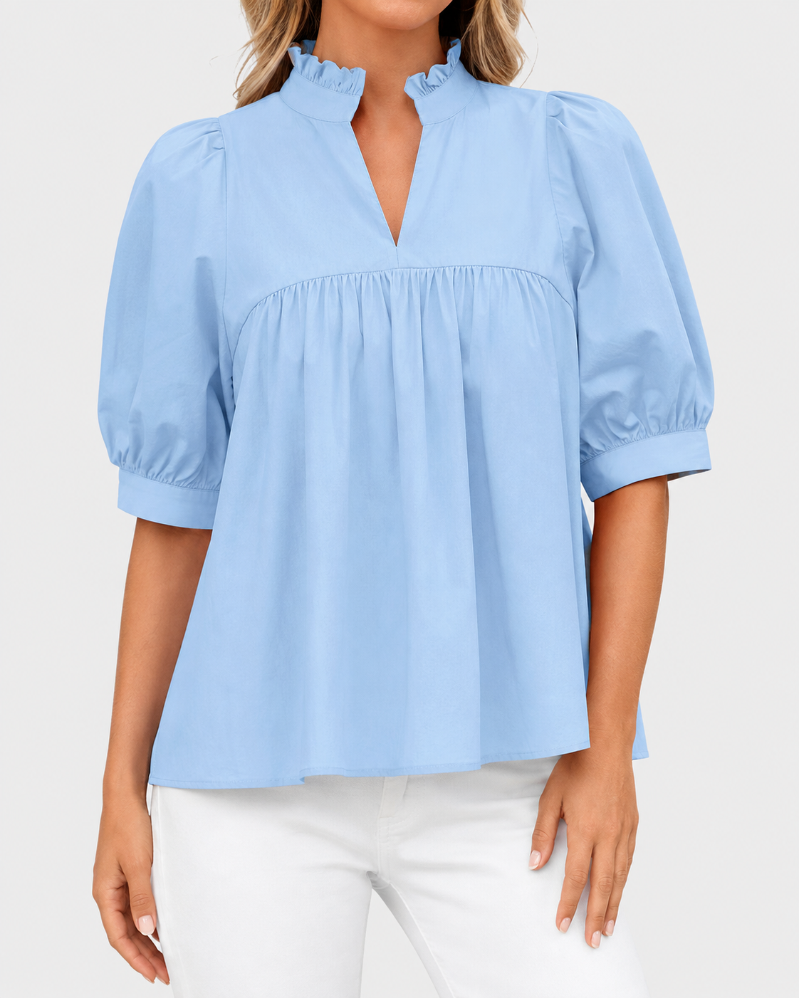 🌸 Women’s Ruffle Neck Puff Sleeve Blouse – Casual V-Neck Babydoll Top ✨