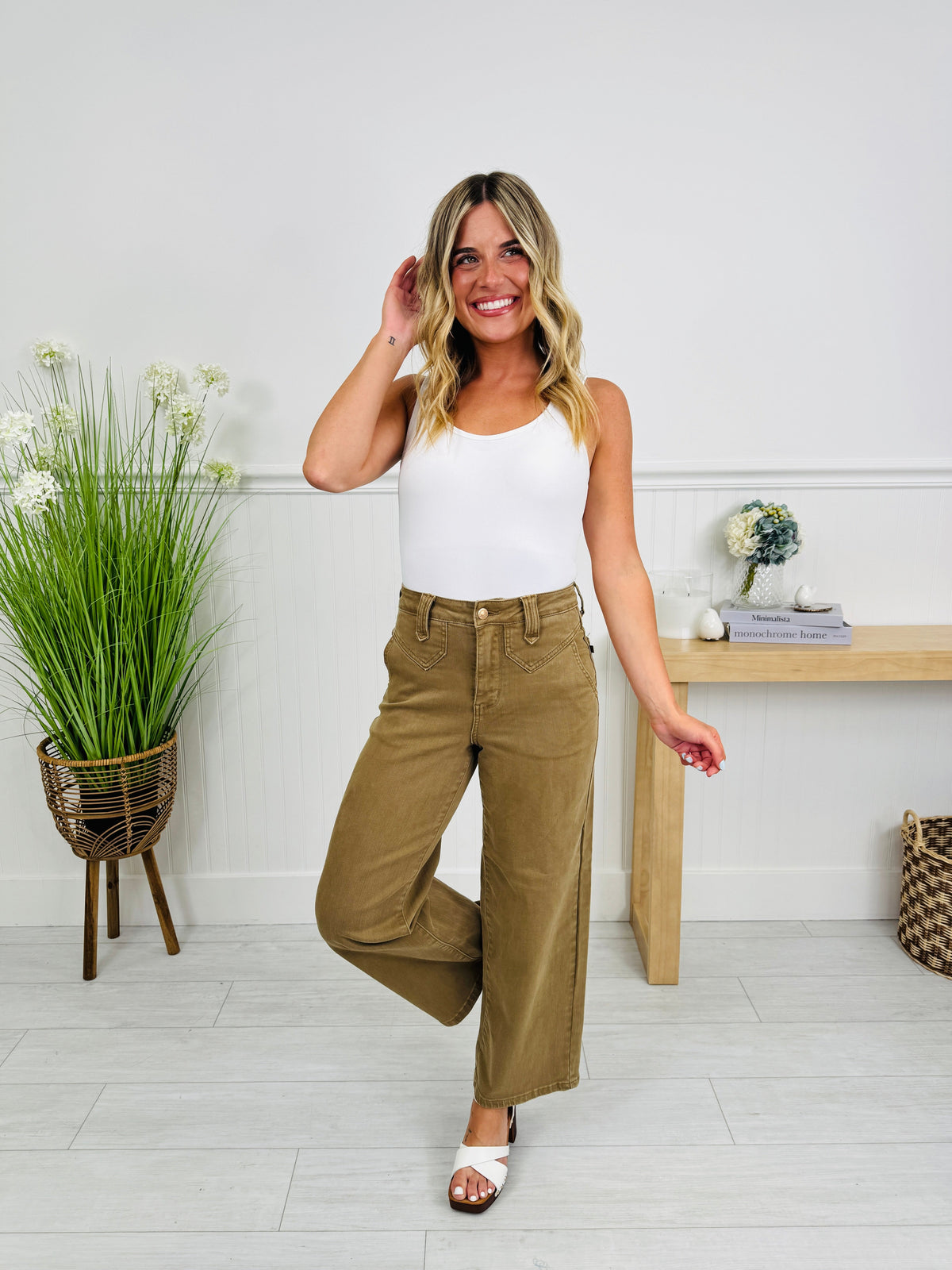 Khaki Crush Ankle Wide Jeans