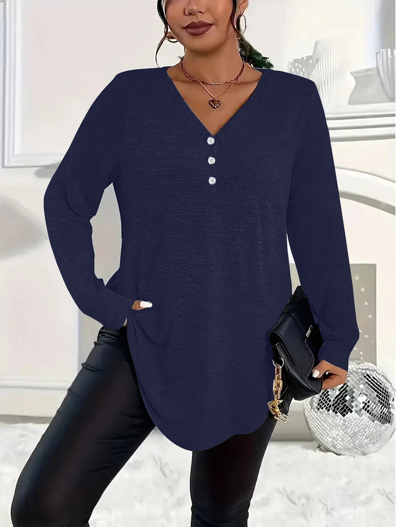 Plus Size V-Neck Henley Long Sleeve Tunic Top