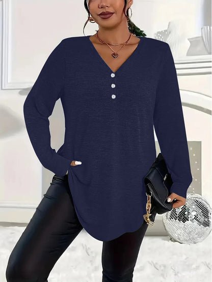 Plus Size V-Neck Henley Long Sleeve Tunic Top