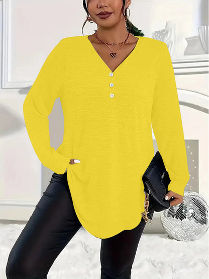 Plus Size V-Neck Henley Long Sleeve Tunic Top
