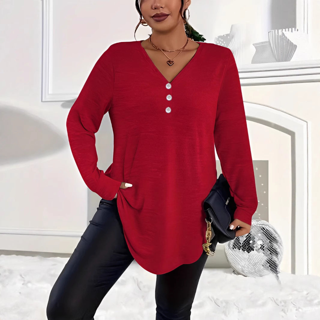 Plus Size V-Neck Henley Long Sleeve Tunic Top