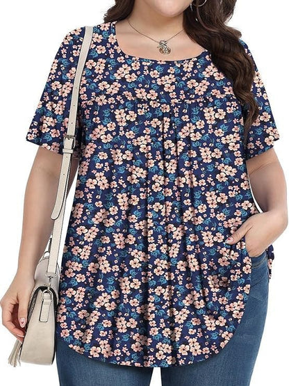 Women's Plus Size Floral Square Neck Pleated Tunic
