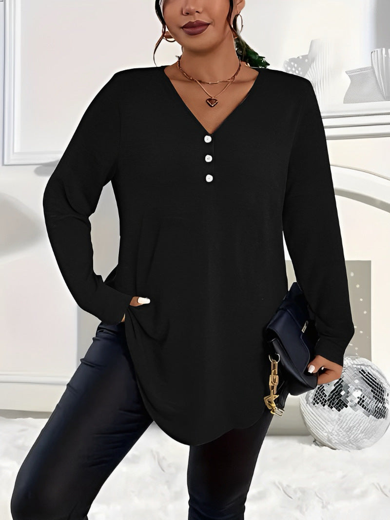 Plus Size V-Neck Henley Long Sleeve Tunic Top