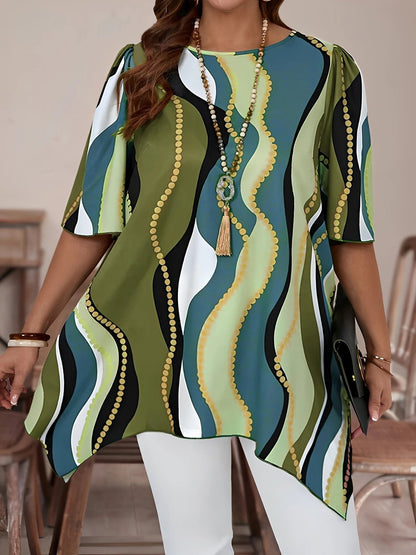 Plus Size Boho Abstract Print Half-Sleeve Tunic Top