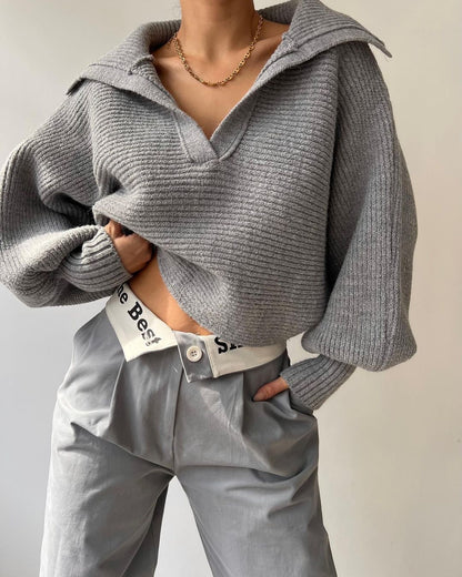 Loose Open Collar Cropped Sweater