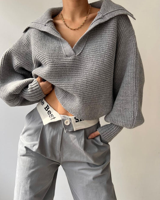 Loose Open Collar Cropped Sweater