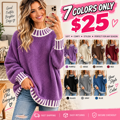 Women's Striped Trim Mock Neck Sweater