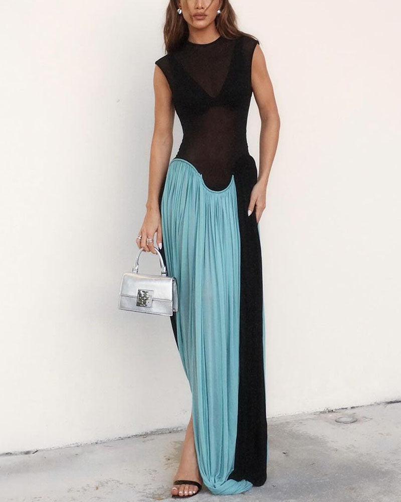 Contrast color sleeveless slim sexy dress
