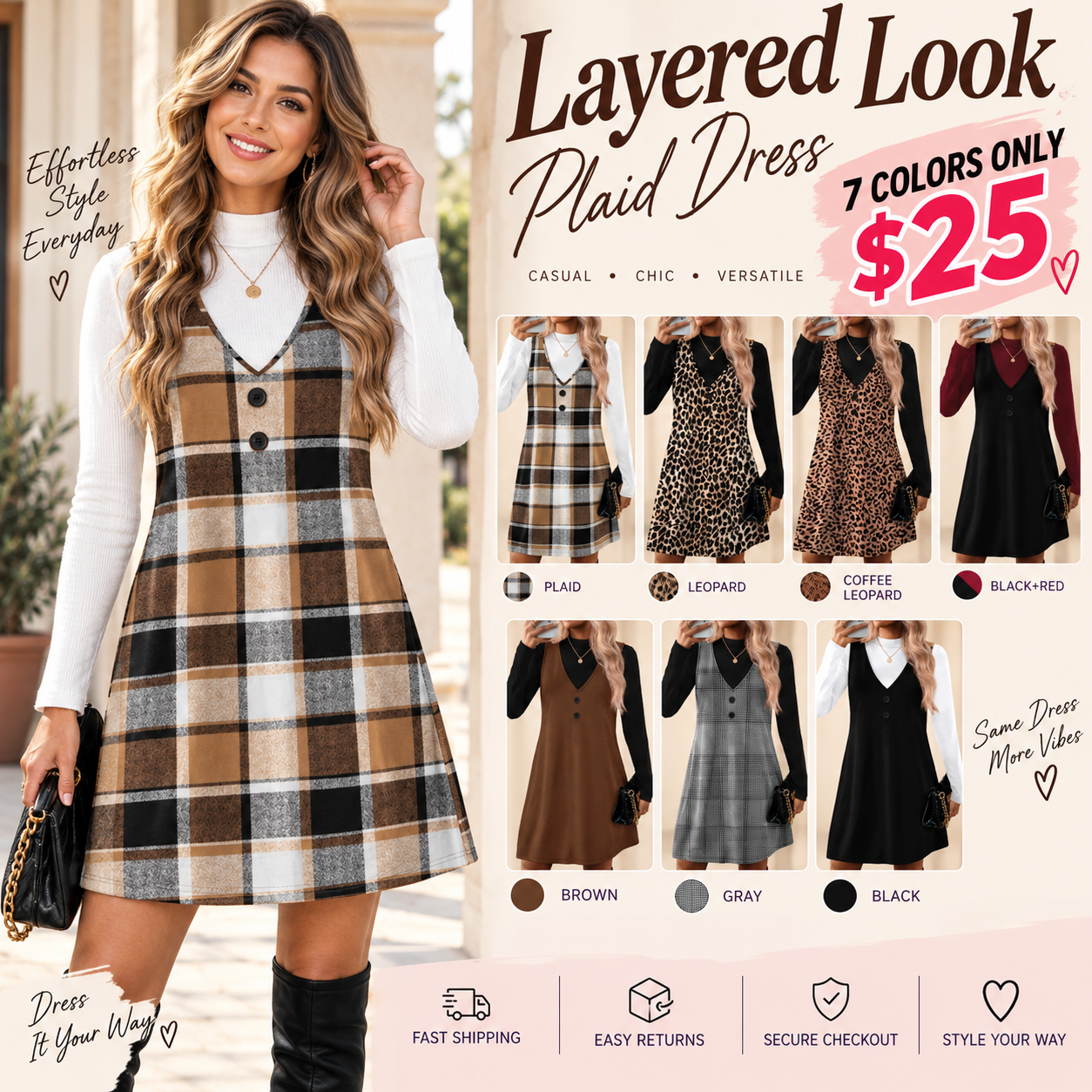 Women 2‑Piece Set Long‑Sleeve Top & Pinafore Dress With Pockets