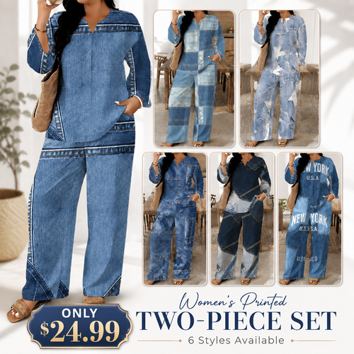 Women's Plus Size Faux Denim Patchwork Print 2-Piece