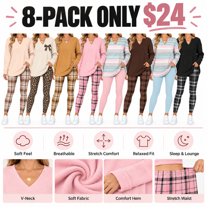 Women's 2-Piece Lounge Set – Long Sleeve Top & Plaid Leggings