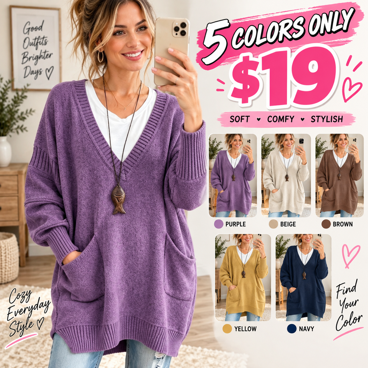 Women Oversized V‑Neck Multi‑Pocket Loose Long Knit Sweater