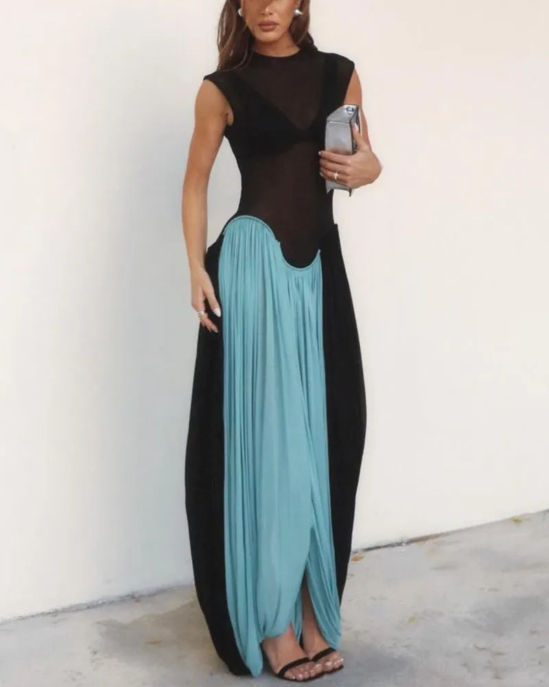 Contrast color sleeveless slim sexy dress