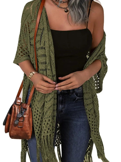 Women's Boho Fringe Crochet Long Cover‑Up