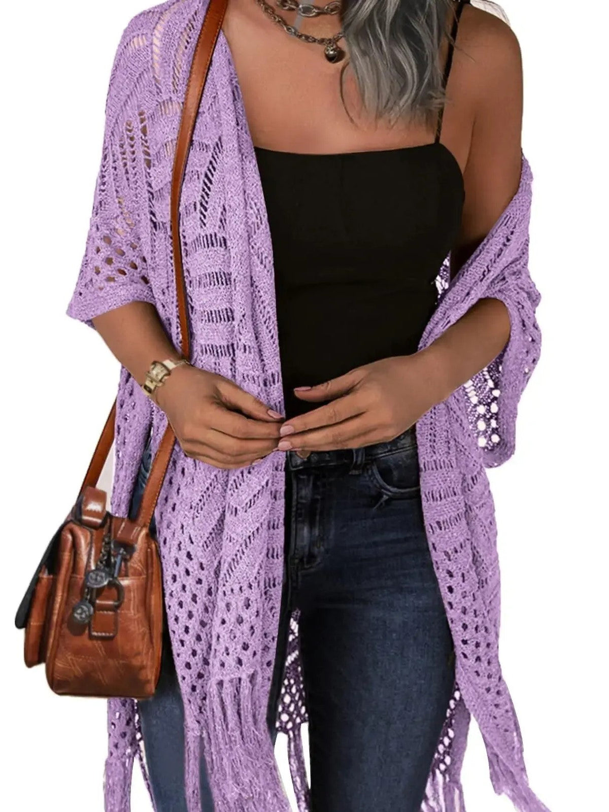 Women's Boho Fringe Crochet Long Cover‑Up